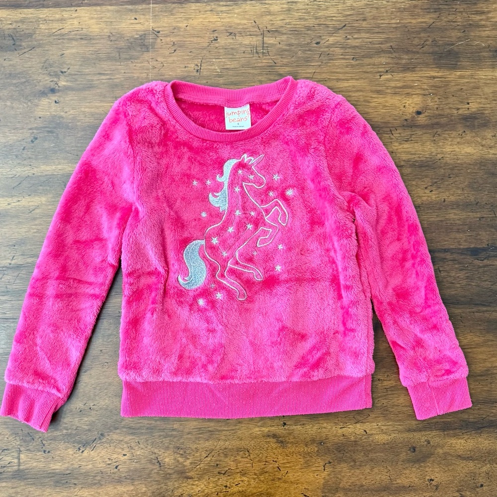 Jumping Beans Sparky and Fuzzy Unicorn Sweatshirt Size 4 GUC